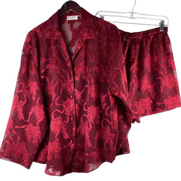 Vtg 90s Y2K Victoria's Secret Gold Label Pajamas PJ Set Large Red Floral Sheer - Picture 1 of 7
